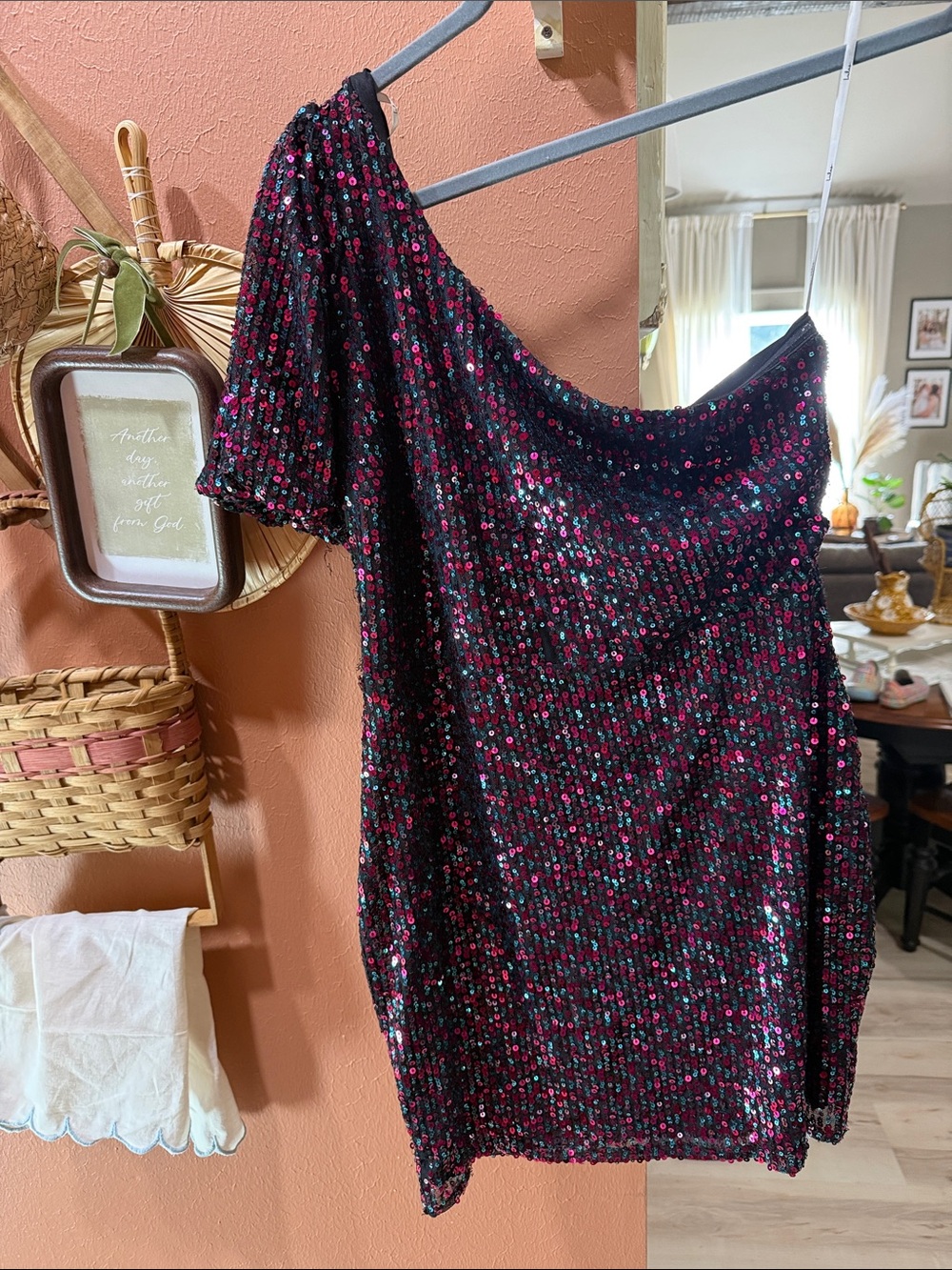 Lulu's Black One-Shoulder Sequin Mini Dress with Pink Accents